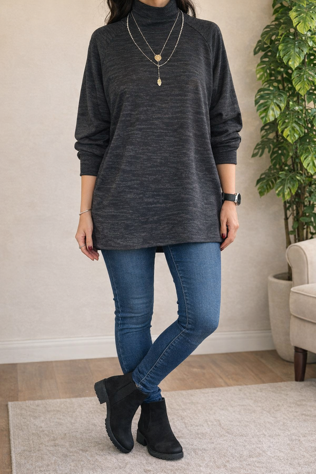 Oversize Turtleneck Top - Black